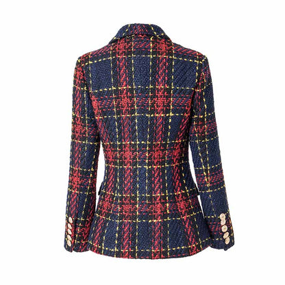 Womens Vintage Double Breasted Tweed Blazer Checkered Coat