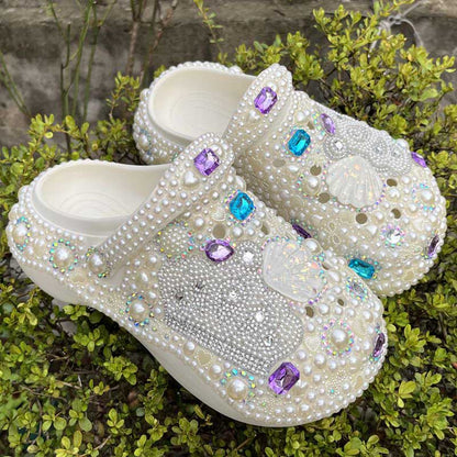 Womens White Closed Toe Clog Shoes Rhinestone Parls Slip on Mules
