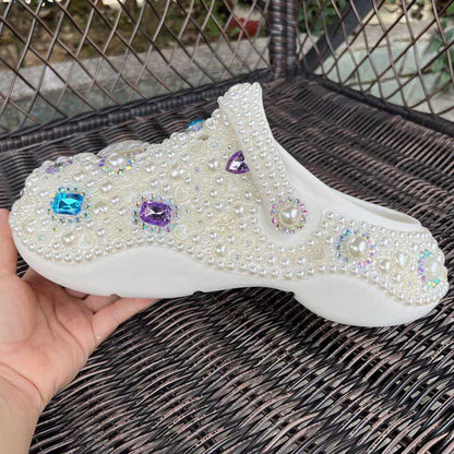 Womens White Closed Toe Clog Shoes Rhinestone Parls Slip on Mules