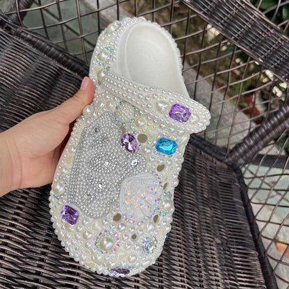 Womens White Closed Toe Clog Shoes Rhinestone Parls Slip on Mules