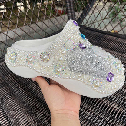 Womens White Closed Toe Clog Shoes Rhinestone Parls Slip on Mules