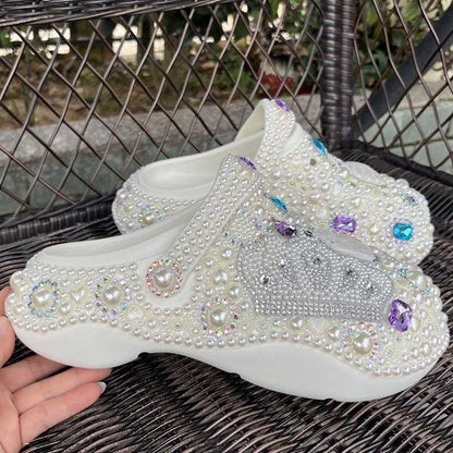Womens White Closed Toe Clog Shoes Rhinestone Parls Slip on Mules