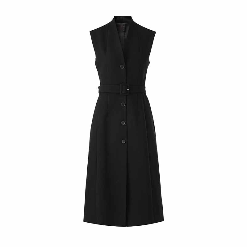 Wool Blend Single-Breasted Vest Dress with Belt
