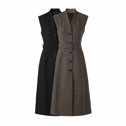 Wool Blend Single-Breasted Vest Dress with Belt