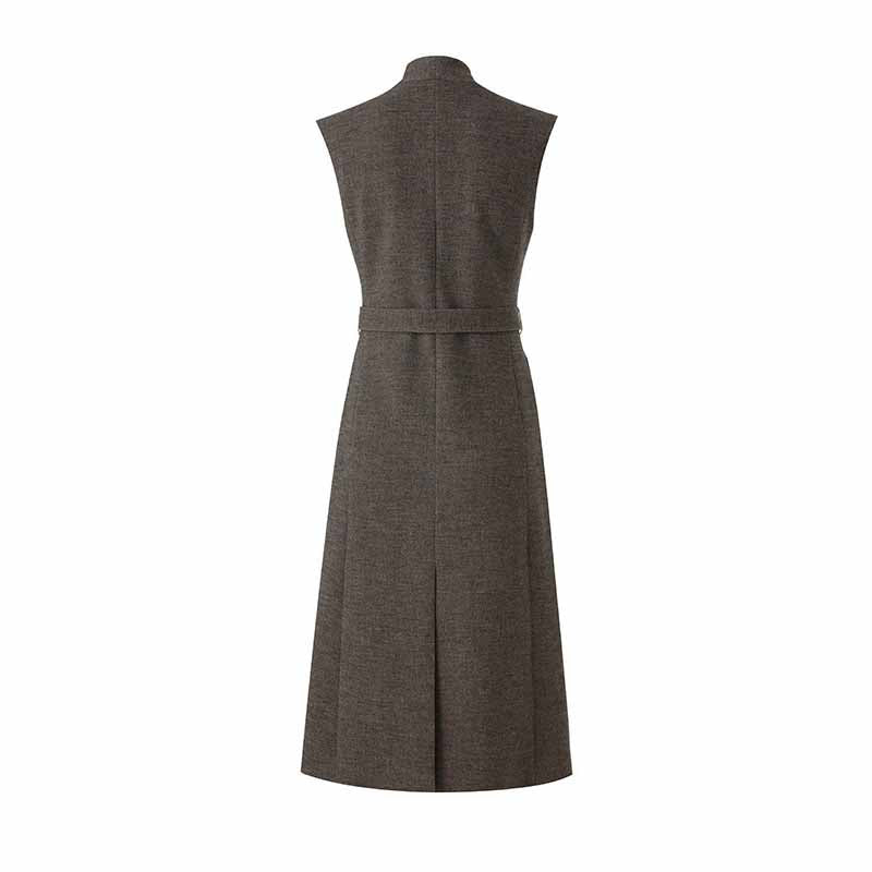 Wool Blend Single-Breasted Vest Dress with Belt