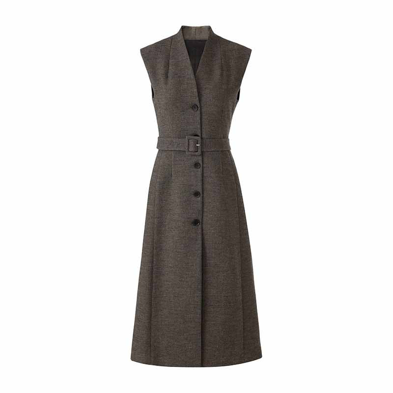 Wool Blend Single-Breasted Vest Dress with Belt