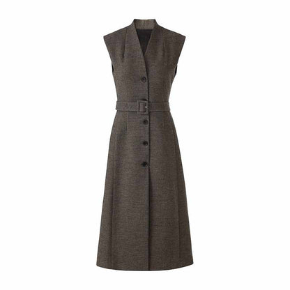 Wool Blend Single-Breasted Vest Dress with Belt
