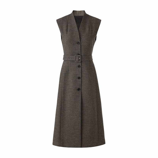 Wool Blend Single-Breasted Vest Dress with Belt