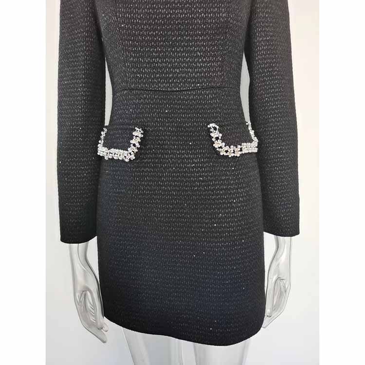 Wool Blend Square Neck Beaded Mini dress Black Short Dress