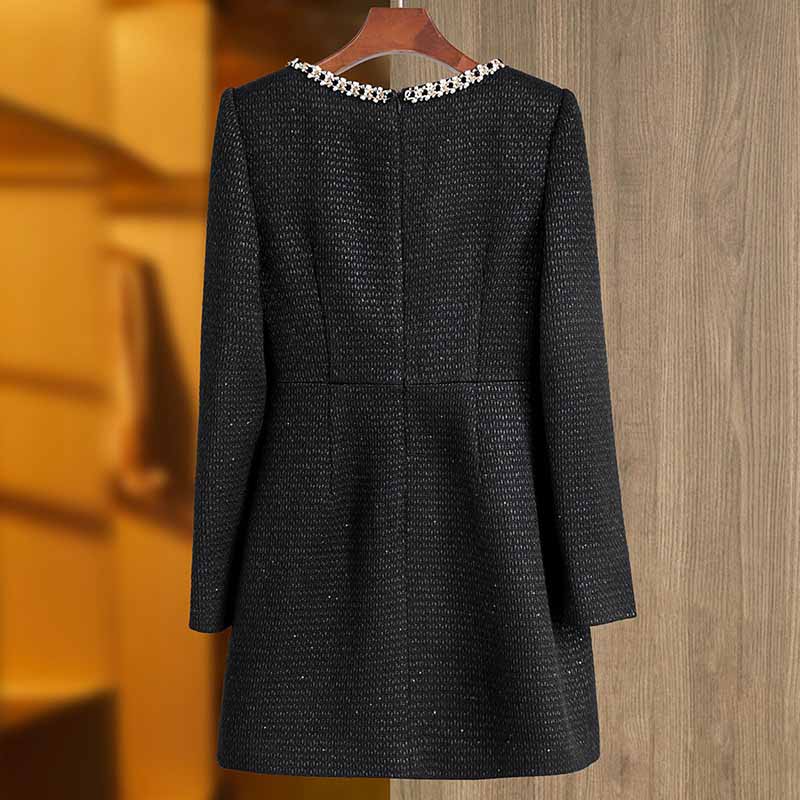 Wool Blend Square Neck Beaded Mini dress Black Short Dress