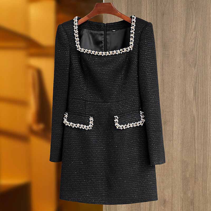 Wool Blend Square Neck Beaded Mini dress Black Short Dress