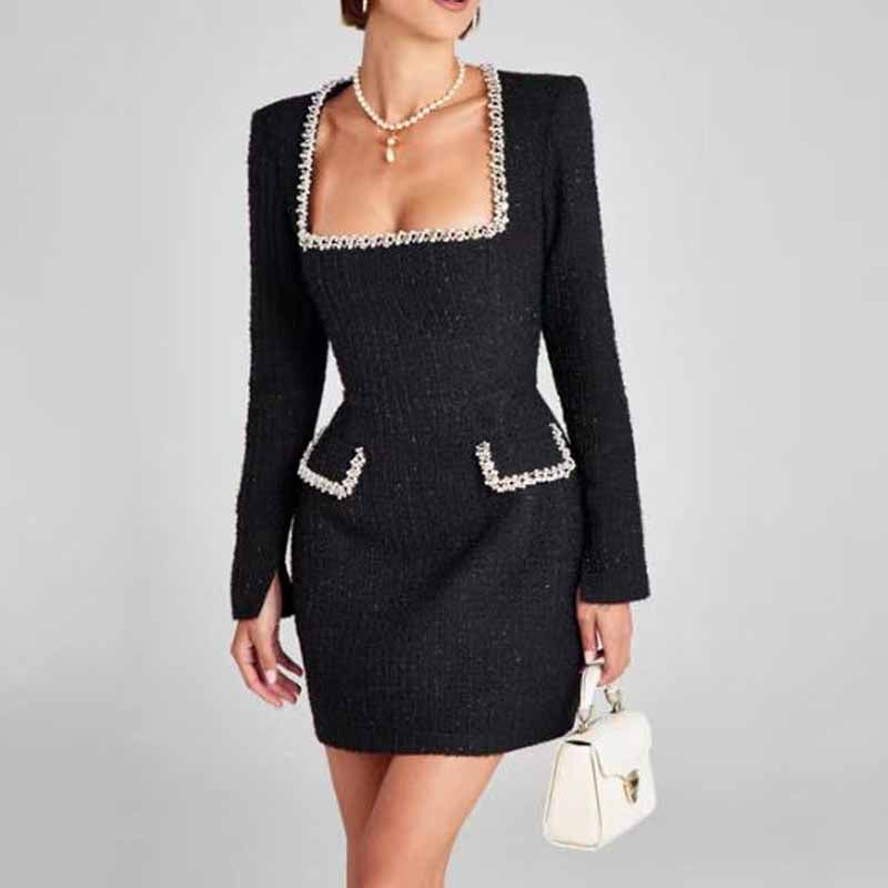 Wool Blend Square Neck Beaded Mini dress Black Short Dress