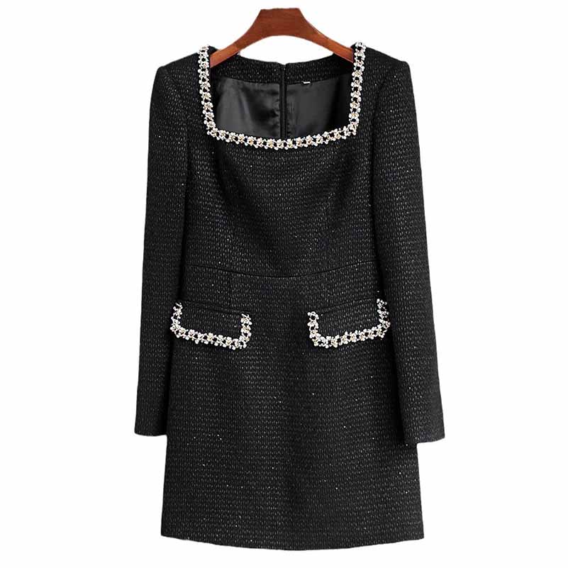 Wool Blend Square Neck Beaded Mini dress Black Short Dress