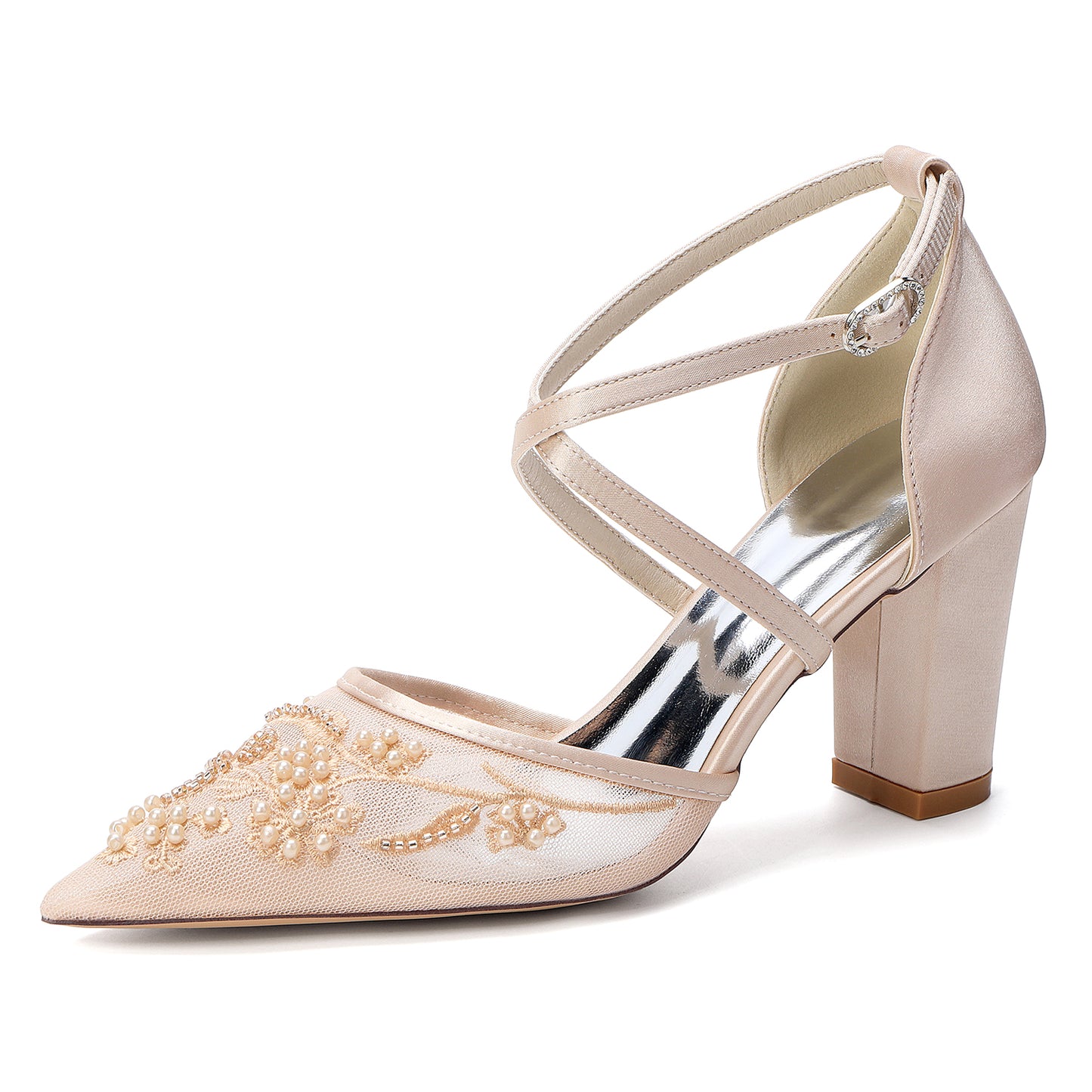 X-Strap Lace Bridal Shoes - Chunky Heel Point Toe