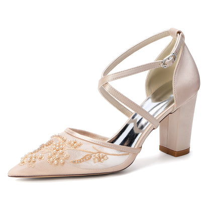 X-Strap Lace Bridal Shoes - Chunky Heel Point Toe
