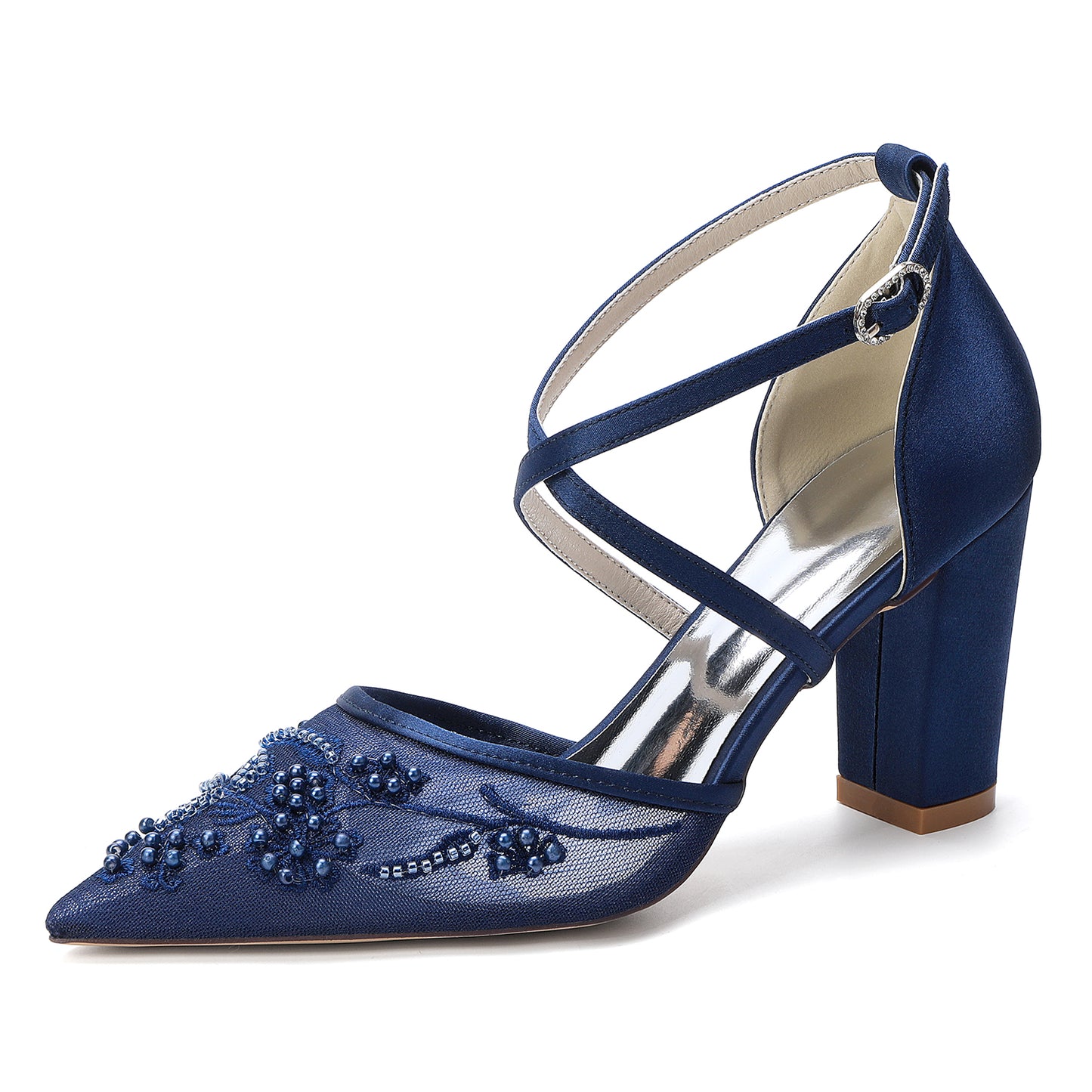 X-Strap Lace Bridal Shoes - Chunky Heel Point Toe