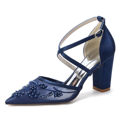 X-Strap Lace Bridal Shoes - Chunky Heel Point Toe