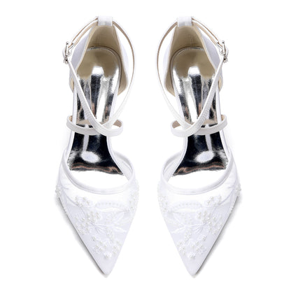 X-Strap Lace Bridal Shoes - Chunky Heel Point Toe