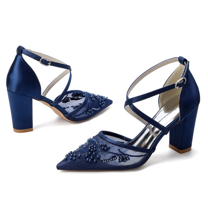 X-Strap Lace Bridal Shoes - Chunky Heel Point Toe