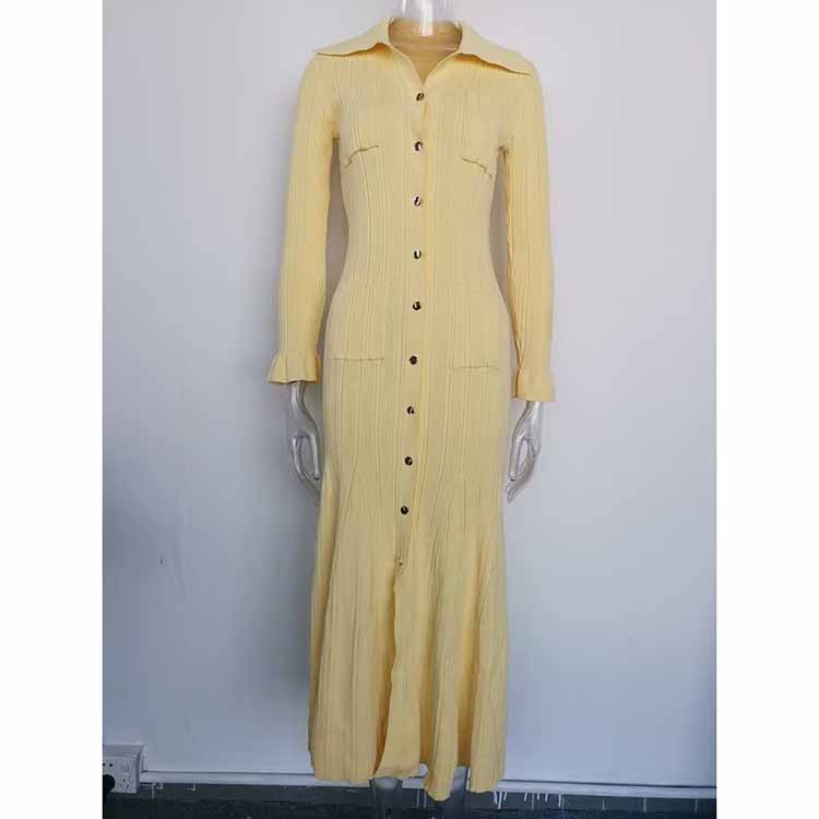 Yellow Midi Dress Ribbed-knit Long Sleeved Dress With Pockets