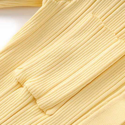 Yellow Midi Dress Ribbed-knit Long Sleeved Dress With Pockets