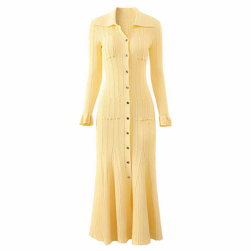 Yellow Midi Dress Ribbed-knit Long Sleeved Dress With Pockets