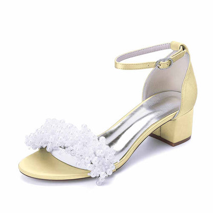 Women's Pearl Bridal Wedding Shoes Chunky Heel Ankle Strap Sandals for Party Evening