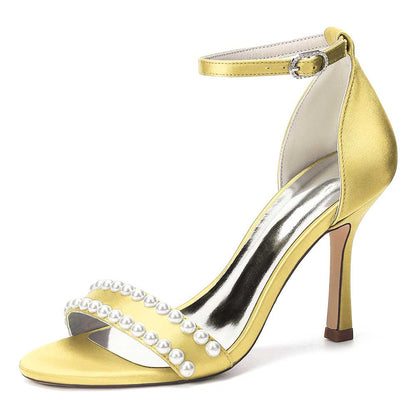 Elegant Women's Pearl Embellished Ankle Strap Stiletto High Heel Sandals - Bridal Wedding & Formal Evening Shoes