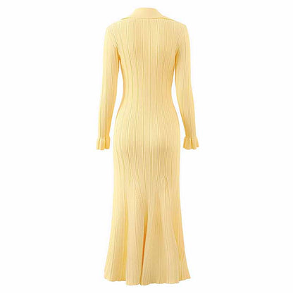 Yellow Midi Dress Ribbed-knit Long Sleeved Dress With Pockets