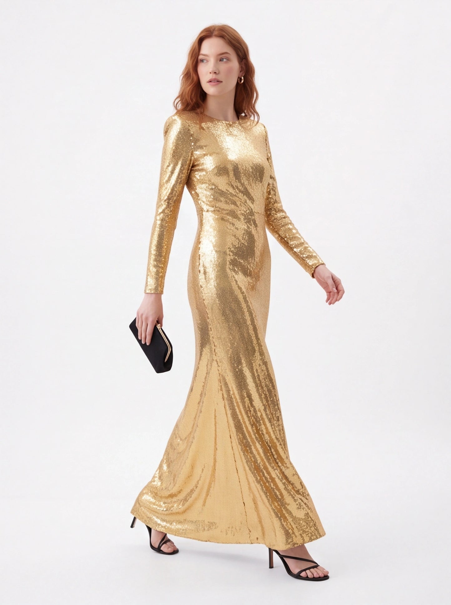Gold Sequin Maxi Dress – Long Sleeve Elegant Evening Gown for Parties & Formal Events