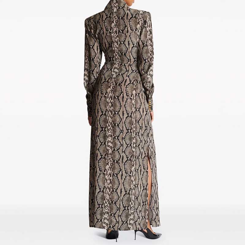 Back view of a stylish animal print maxi dress for women with a modern design and side slit