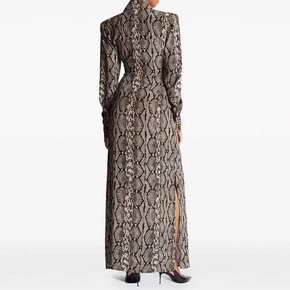 Back view of a stylish animal print maxi dress for women with a modern design and side slit