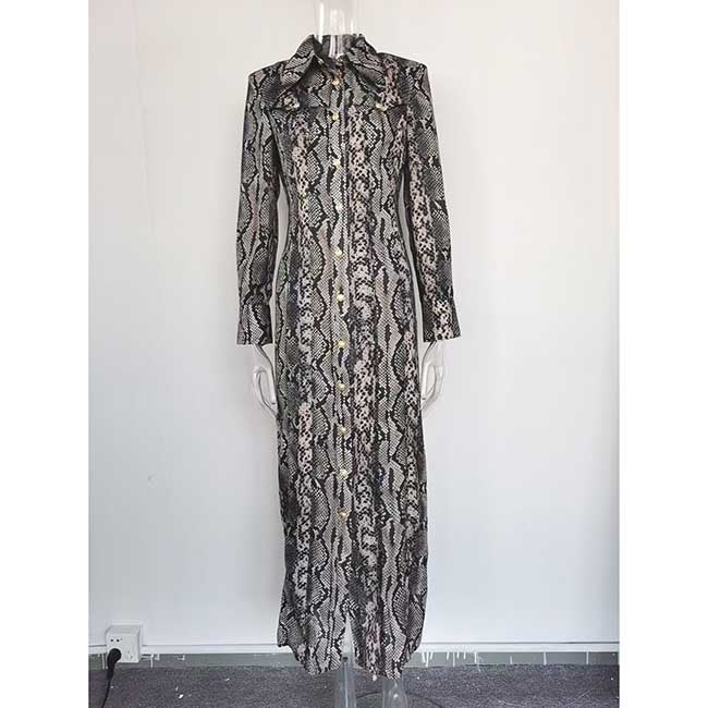 Stylish animal print maxi dress for women in a flattering silhouette with long sleeves and button-down front