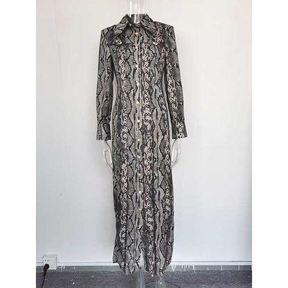 Stylish animal print maxi dress for women in a flattering silhouette with long sleeves and button-down front