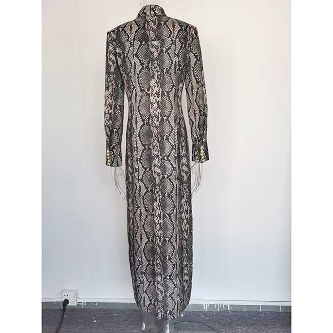 Back view of a chic animal print maxi dress for women featuring a stylish snake pattern