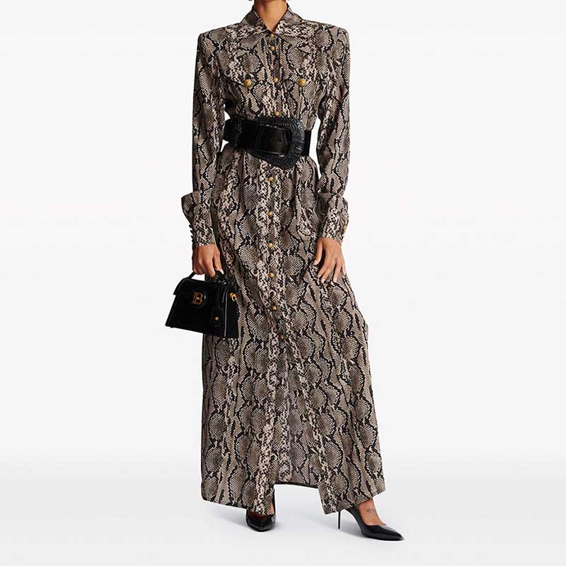 Fashionable animal print maxi dress for women featuring a belted waist and stylish collar