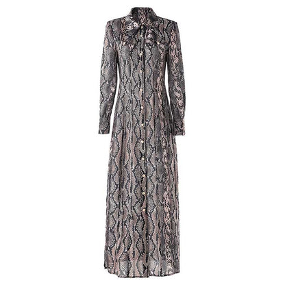 Elegant animal print maxi dress for women with long sleeves and button-down design