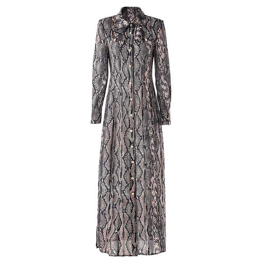 Elegant animal print maxi dress for women with long sleeves and button-down design
