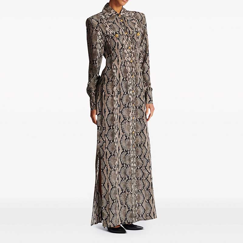 Stylish animal print maxi dress for women featuring a button-down design and long sleeves