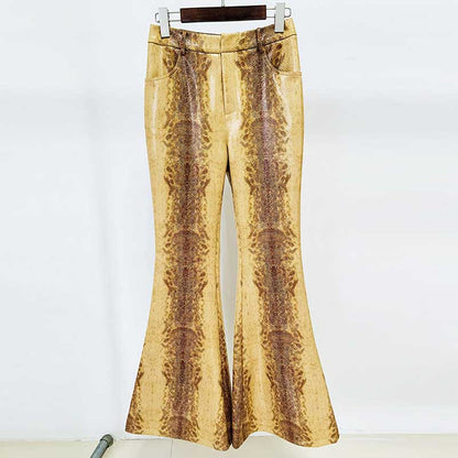 Women's Animal Print Wide-Leg Trousers Suit Leather Pantsuit
