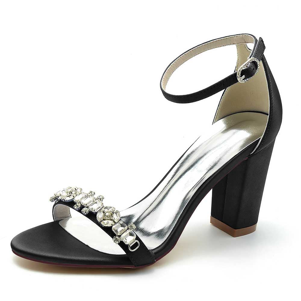Elegant black ankle strap dress sandals for weddings featuring sparkling embellishments and a block heel
