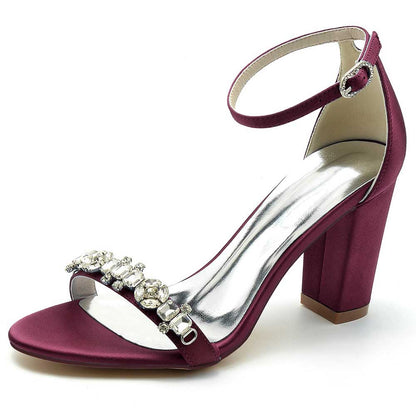 S&DCo. Burgundy Ankle Strap Dress Sandals for Weddings with Rhinestone Detail and Block Heel