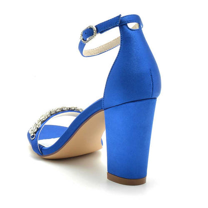 S&DCo. Blue Ankle Strap Dress Sandals for Weddings with Chunky Heel and Sparkling Detail
