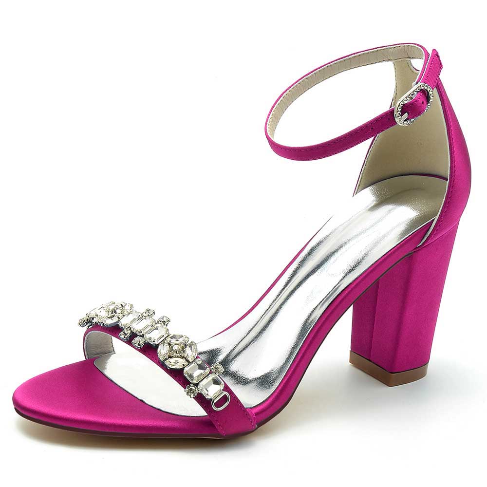 S&DCo. pink ankle strap dress sandals for weddings with rhinestone embellishments and block heels