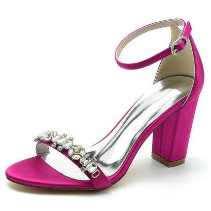 S&DCo. pink ankle strap dress sandals for weddings with rhinestone embellishments and block heels