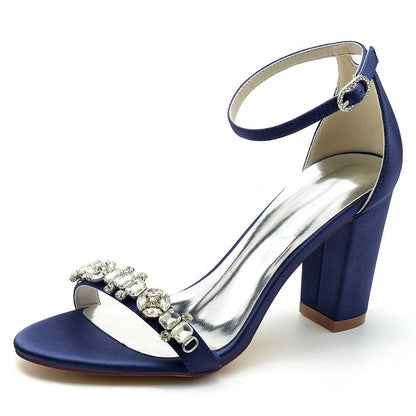 Elegant navy blue ankle strap dress sandals for weddings with rhinestone embellishments and block heels