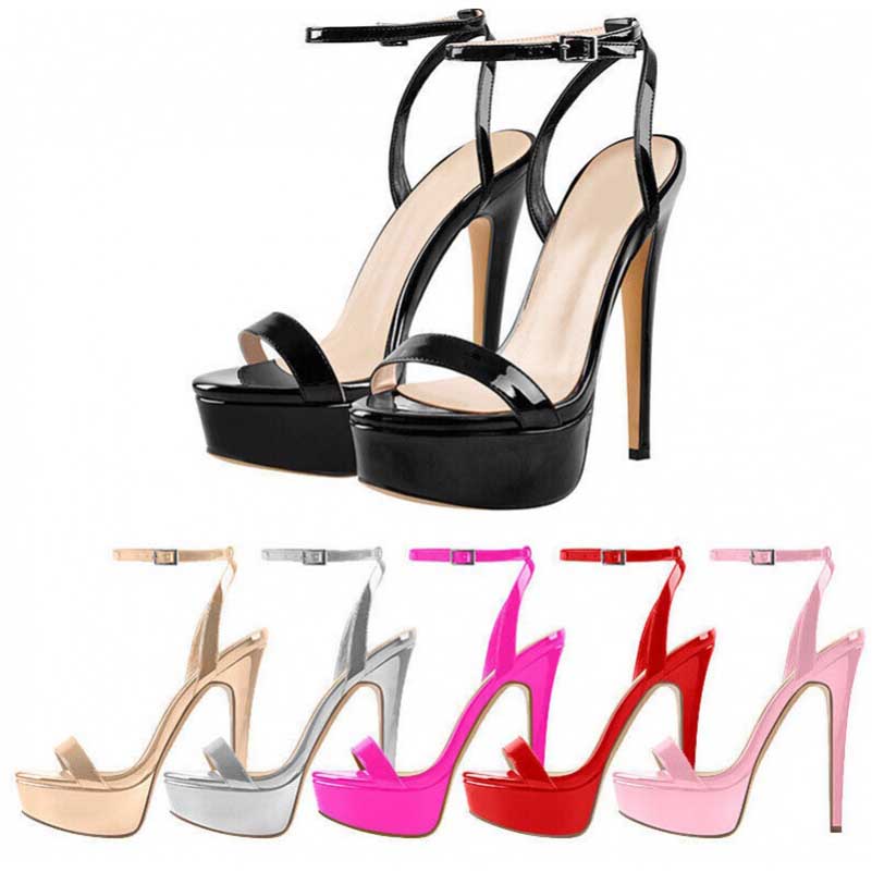 Stylish ankle strap prom shoes for women in black, nude, silver, pink, red with high platform heels