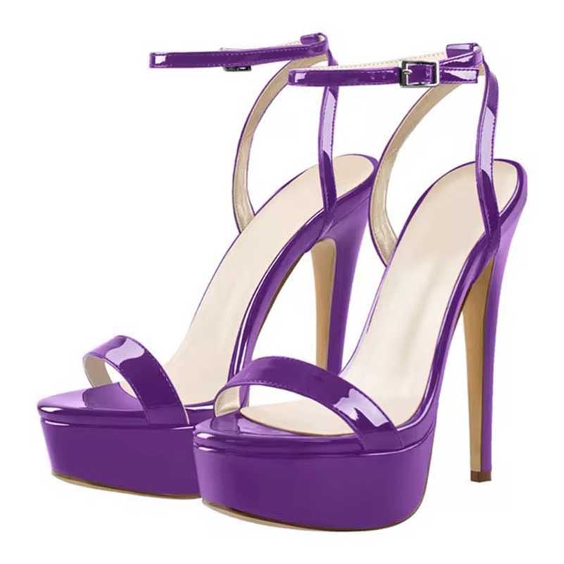 Purple patent ankle strap prom shoes for women with a stylish platform and high heels