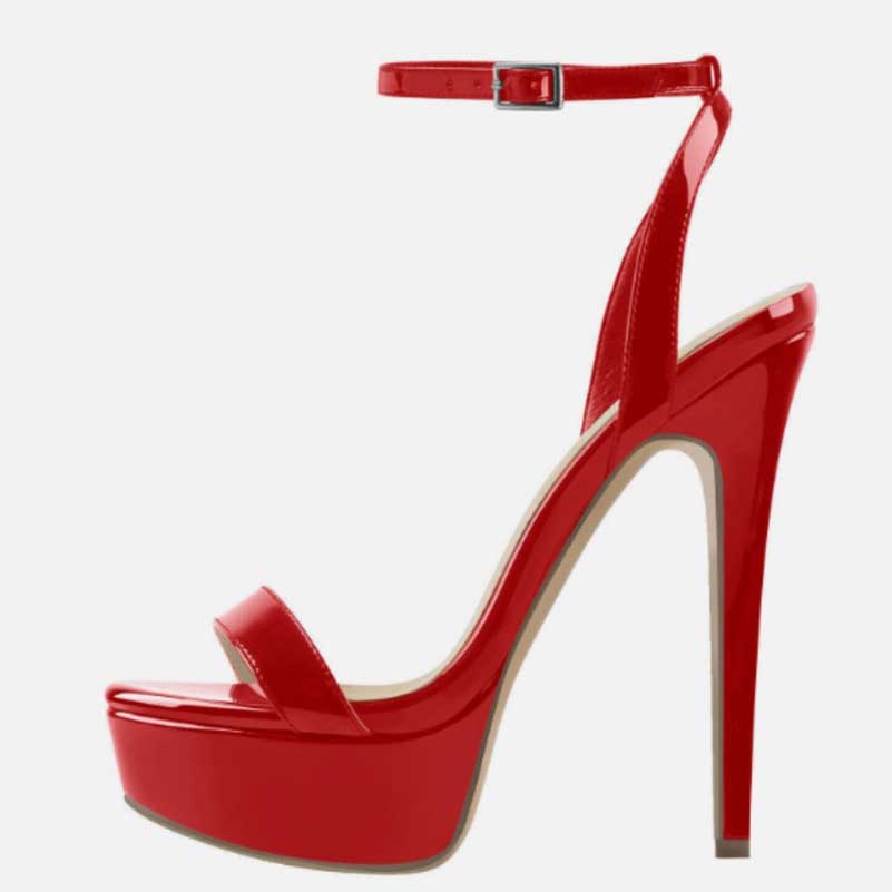 Red high heel sandals with ankle strap prom shoes for women, perfect for special occasions.
