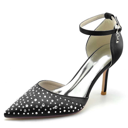 S&DCo. Elegant Black Ankle Strap Wedding Dress Shoes with Rhinestone Embellishments